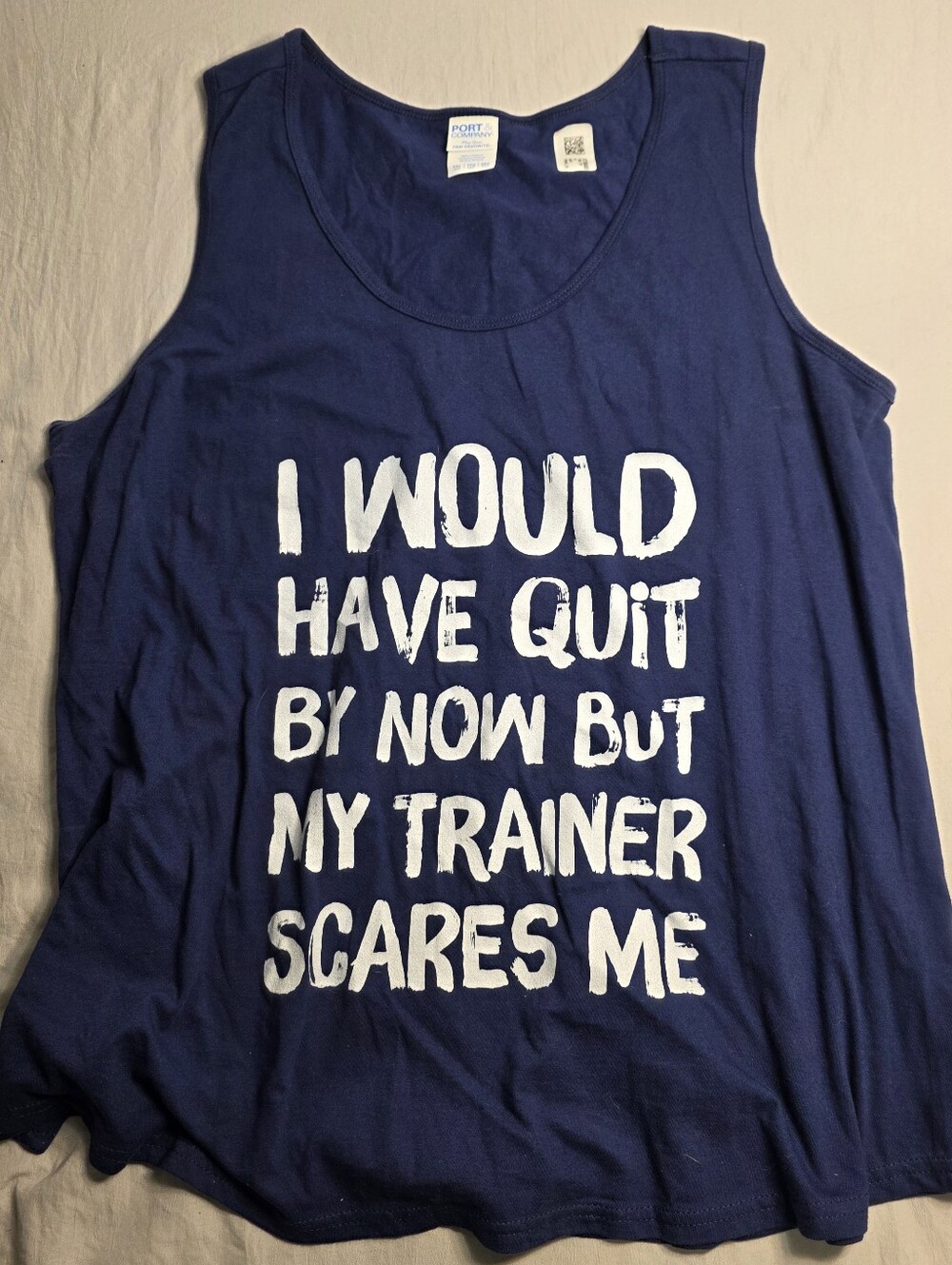 Navy Graphic Funny Workout Tank - "My Trainer Scares Me"